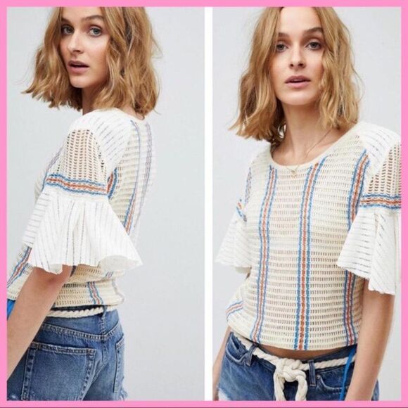 Free People Striped Flutter Sleeve Knit Drawstring Top (NWT) - Picture 4 of 5